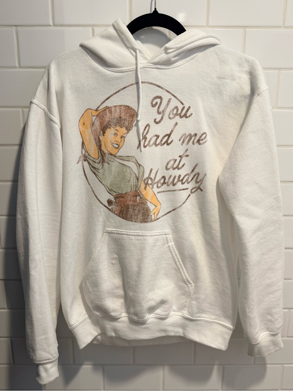 White Pullover Hoodie ‘You had me at Howdy’ Vintage Cowgirl Graphic